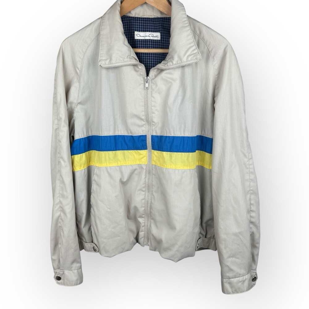 Oscar De La Renta Windbreaker Style Yellow‎ Blue Stripes Jacket L Vintage 80's